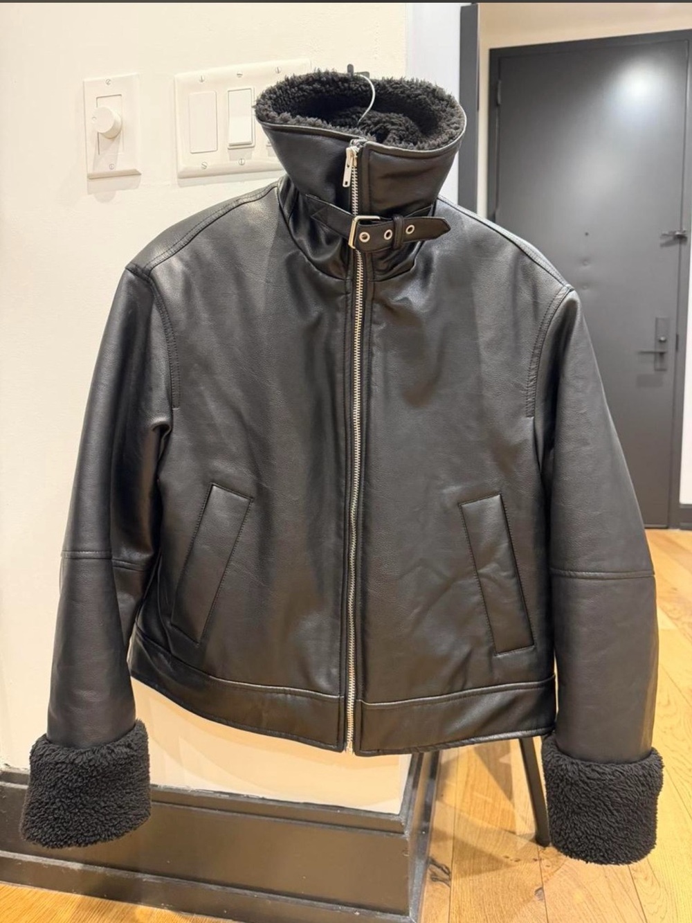 GAP Black Leather Jacket with Shearling Trim